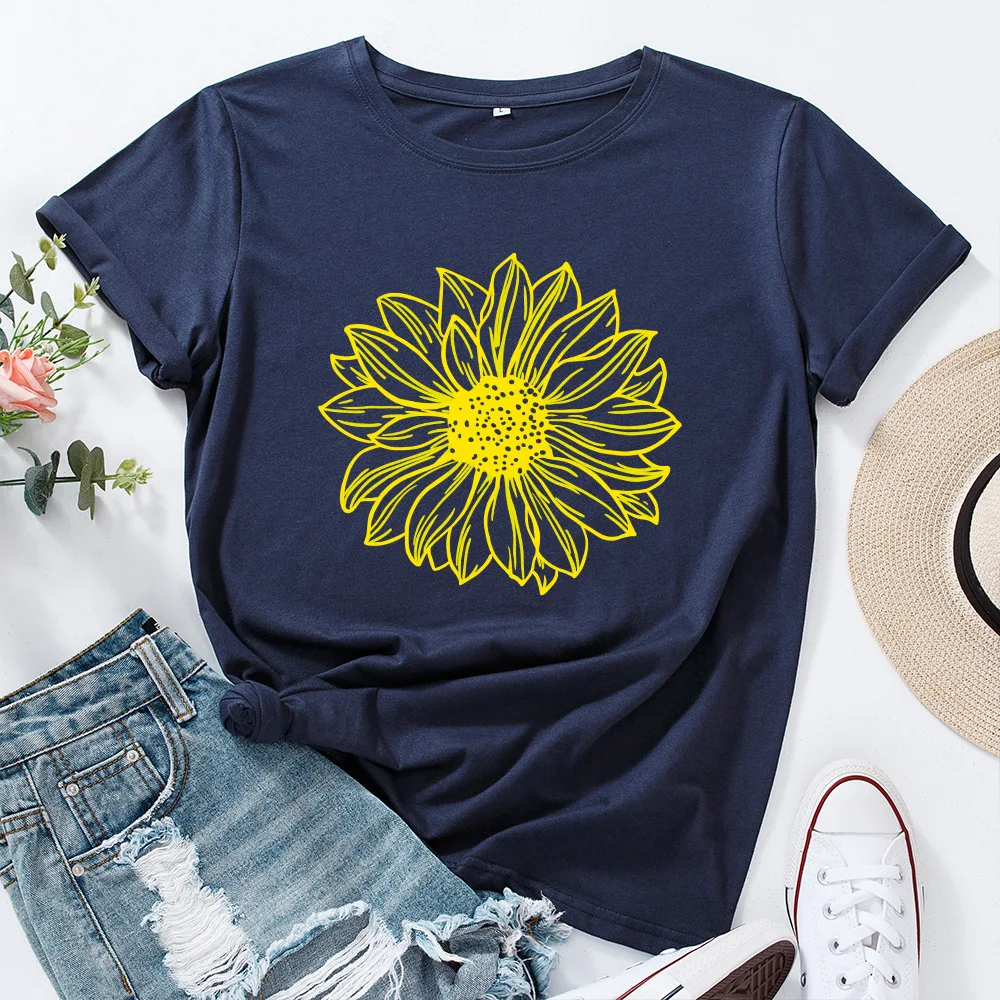 

Creative Sunflower Print Short Sleeve Basic Tops Streetwear Graphic T-shirt Women Plus Size Harajuku Cotton Loose Tshirt Ladies