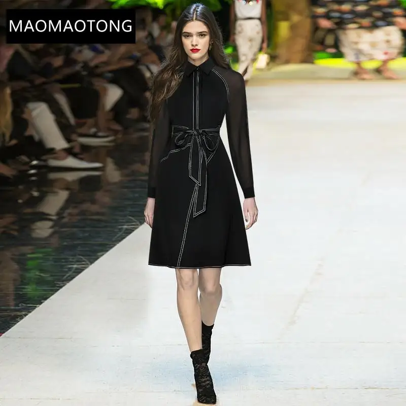 

Fashion Designer Autumn Black Women's Turn-down Collar Long Sleeve Single Breasted Ladies Casual Office Dress
