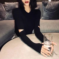 2021 spring new korean version of solid color ripped long sleeved t shirt ladies slim bottoming shirt casual fashion tights