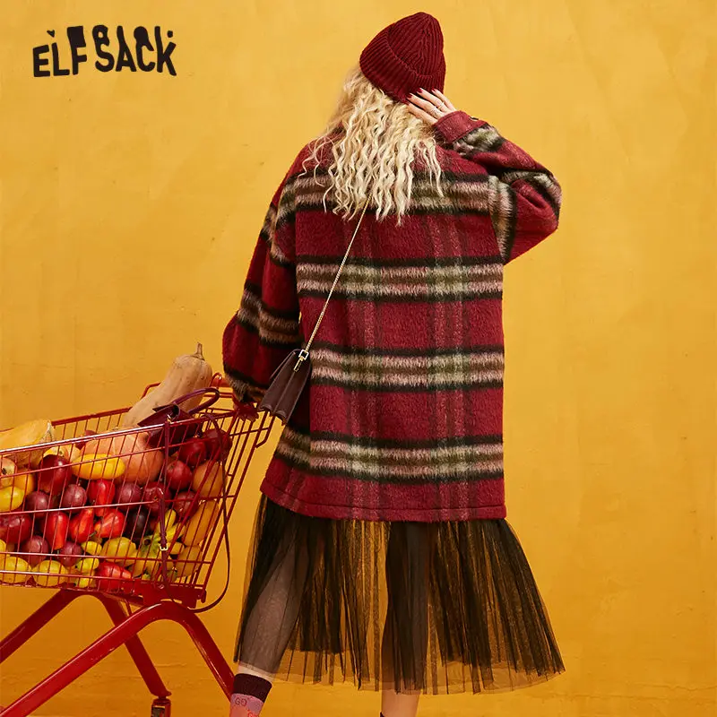 ELFSACK клетчатое прямое однобортное контрастное Сетчатое шерстяное пальто для женщин осенне-зимняя повседневная женская верхняя одежда с рукавами-фонариками