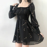 2020 autumn womens sexy black dress vintage flower long puff sleeve chiffon dresses korean casual mini vestidos mujer clothes