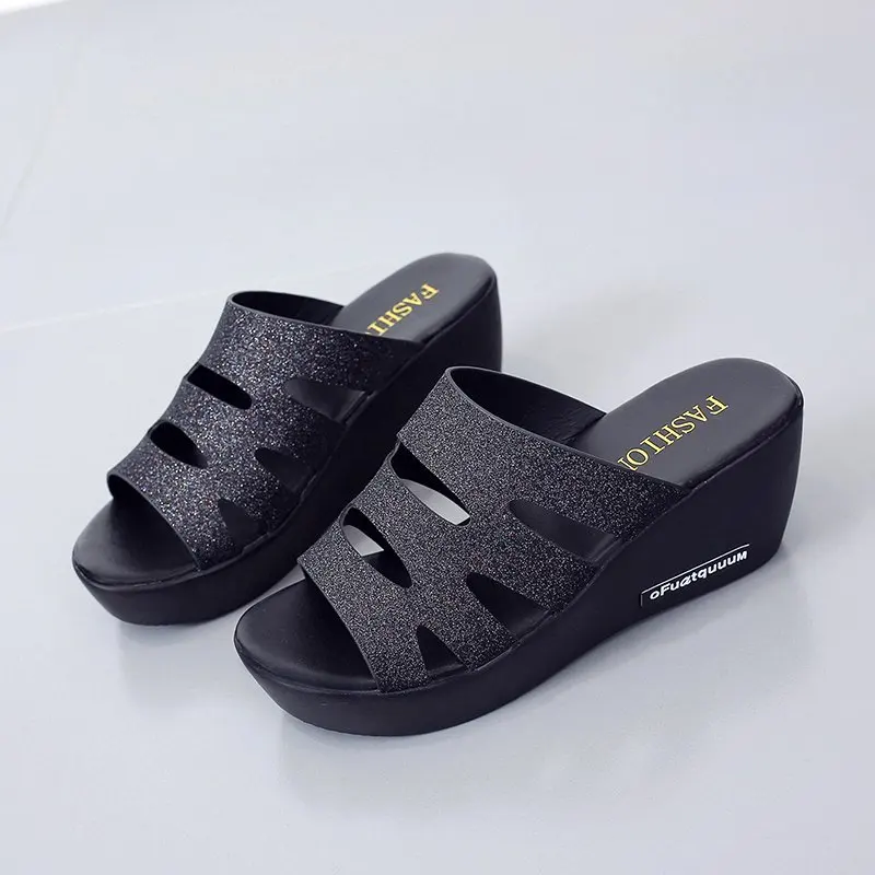 

Open Head Big Size 35-40 Platform Wedges Slippers Women Shoes Summer 2021 Comfortable Medium Heels Slides Ladies Slippers Daily