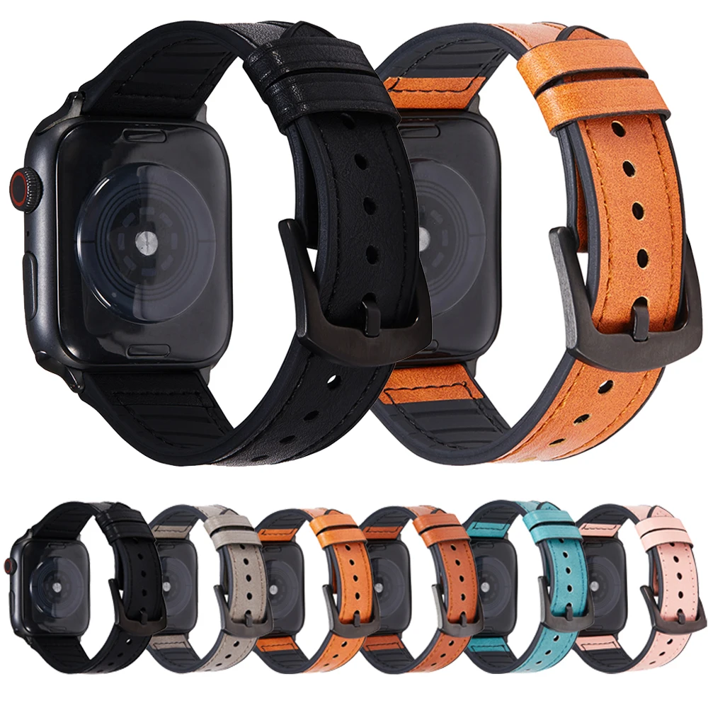 

Ремешок из кожи и силикона для Apple Watch Band Series 7 41 мм 45 мм 6 5 4 3 2 SE, мягкий спортивный браслет для IWatch 42/44 мм 38/40 мм