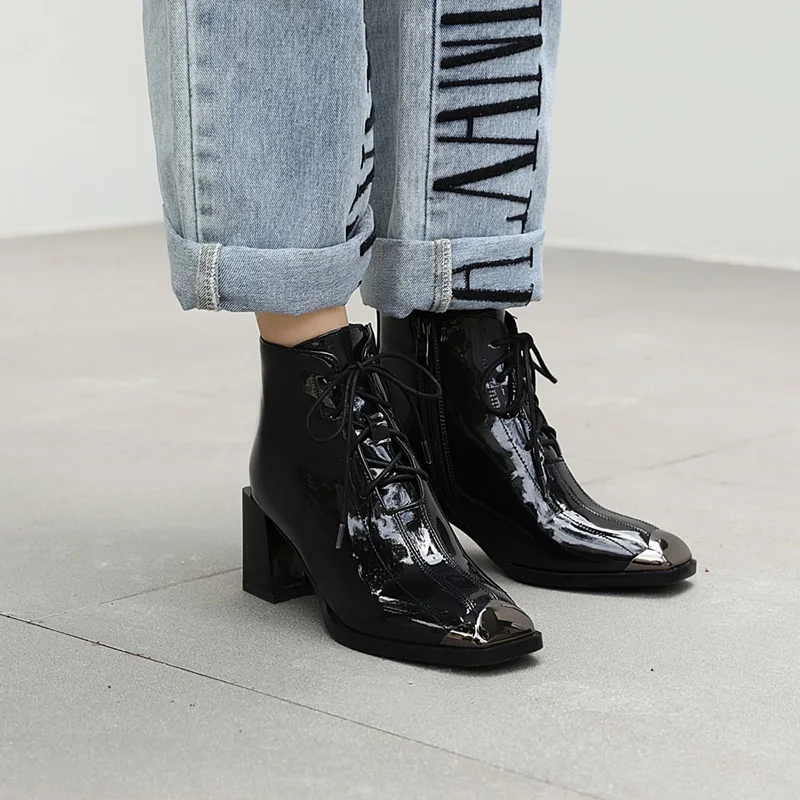 

brand women patent leather ankle boots shoes black square high heel zipper autumn winter shoes woman dress party riding boots 43