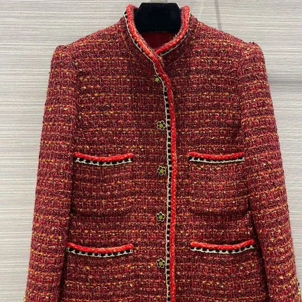 

Роскошные твидовые пальто с четырьмя карманами для женщин, высококачественные приталенные пальто с воротником-стойкой, высококачественны...