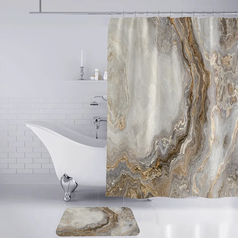 

New Marble Shower Curtain Set with Non Slip Rug Bath Mat Carpet Modern Bathroom Curtains Toilet Lid Cover Home Decoration Tende