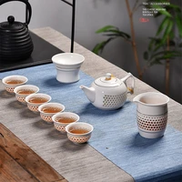 hmlove european white ceramic hollow teaware sets 6 cups 1 teapot 1 tea pitcher 1 strainers kung fu home drinkwear pot 170ml