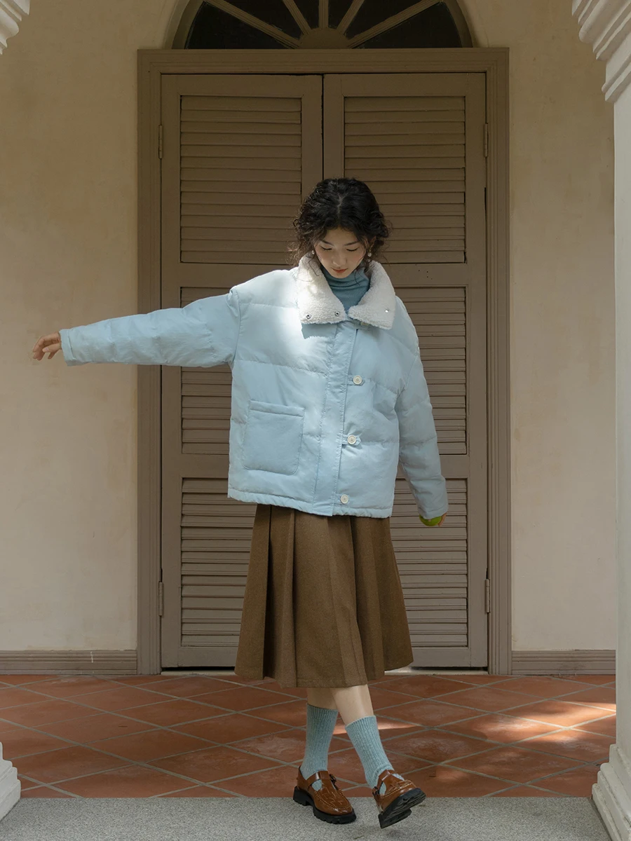 Baby Blue Lambswool Collar down Jacket 90 White Duck down Cute Short Women's Warm Coat Winter New