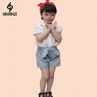 Летние модные мягкие джинсовые шорты для маленьких девочек с бантом, джинсовые брюки, детские повседневные брюки, детские шорты, детская одежда для 24 мес.-7 лет