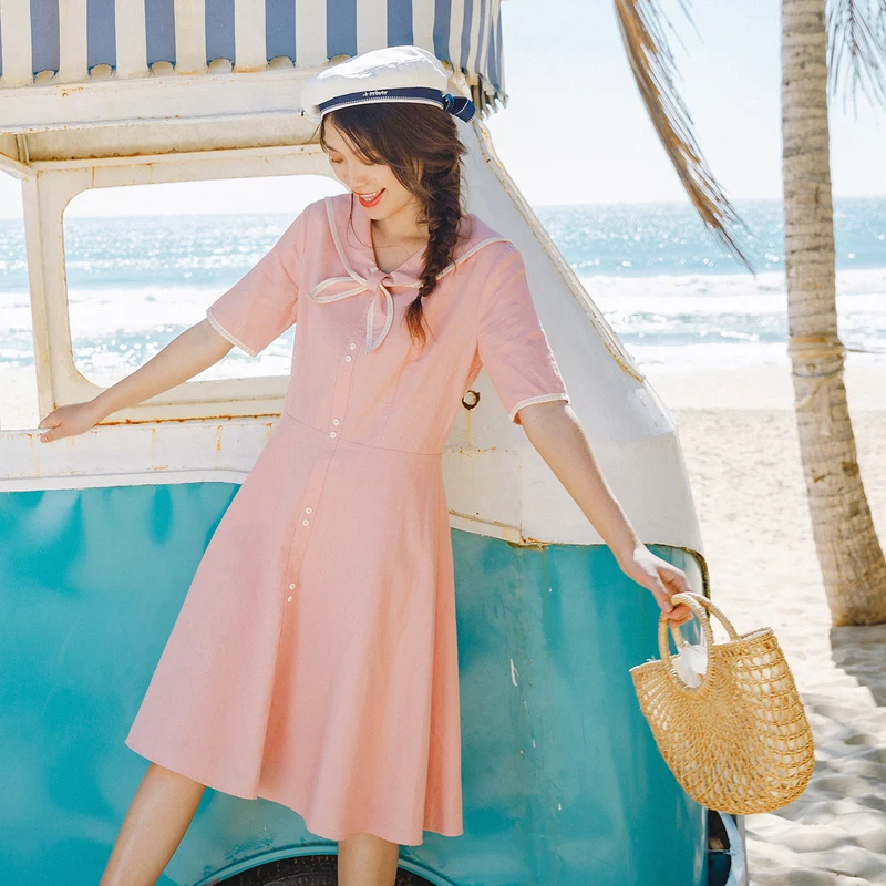 

INMAN Summer Preppy Style Sweet Short Sleeve Contrast Color Cotton And Linen Dress