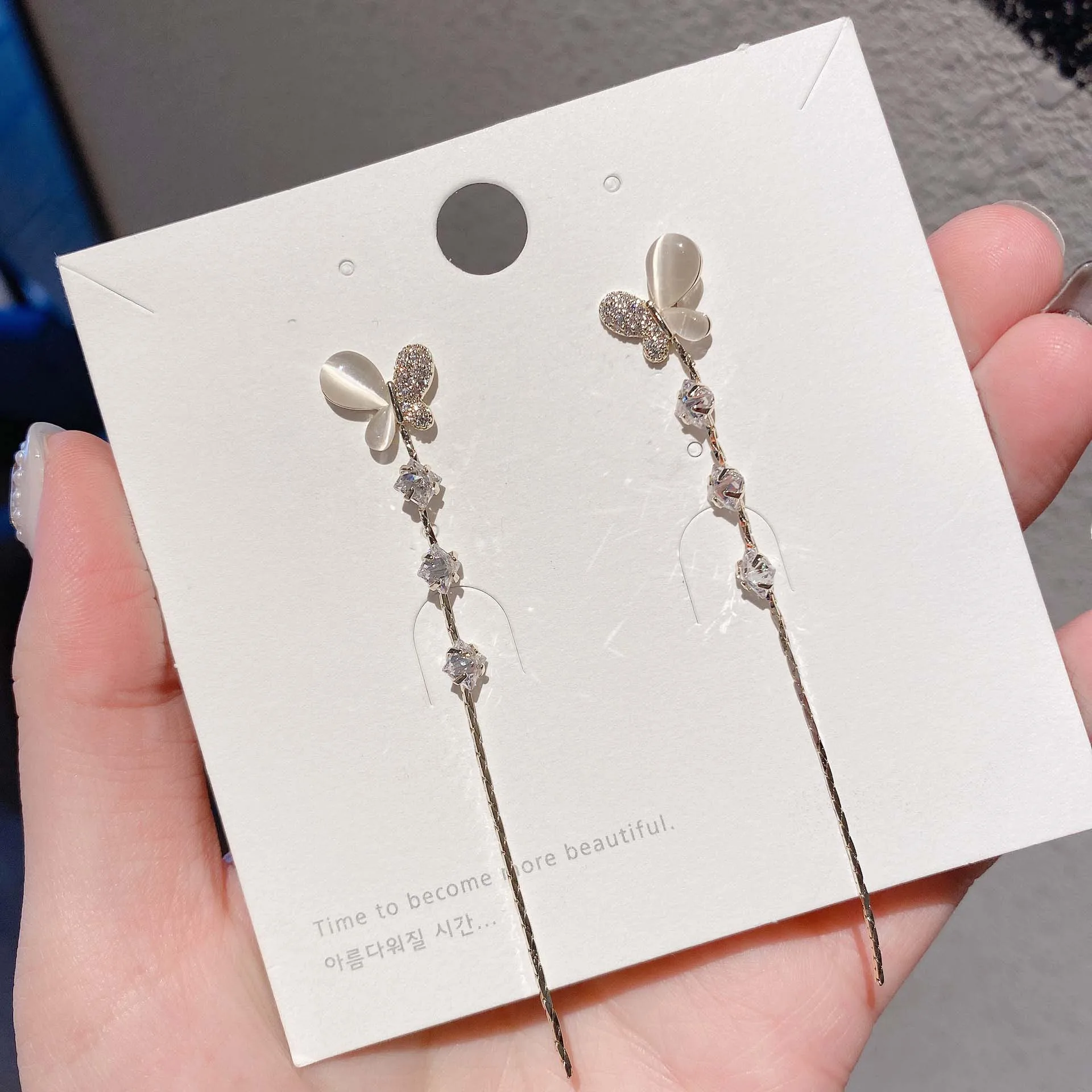 

High Quality Long Butterfly Bow Earrings For Women Opal Zirconia Dangle Korean Fashion Jewelry Acessories Wholesale S925 Pin