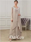 А-силуэт платье для матери невесты элегантный круглый вырез в пол полиэстер с длинным рукавом с аппликациями 2021