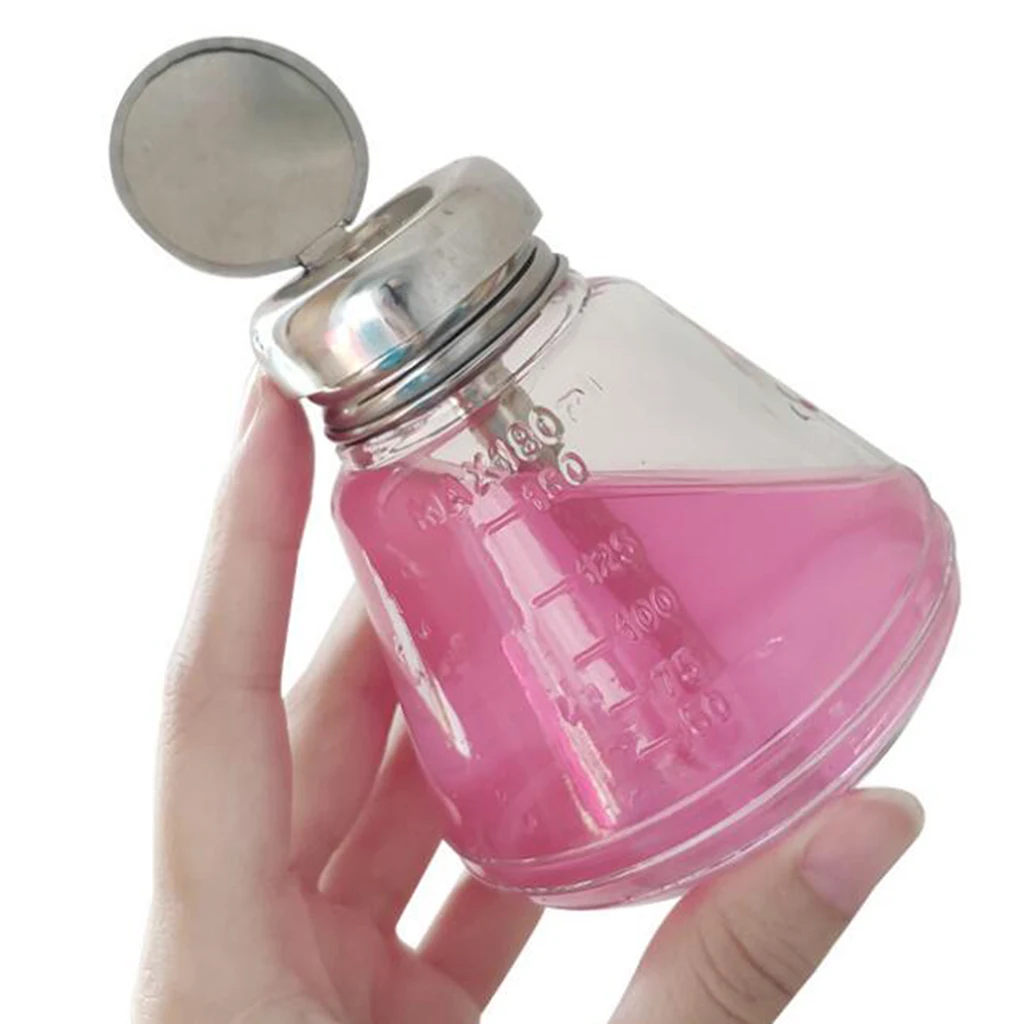 180ml Glass Push Down Empty Press Bottle Alcohol Acetone Pump Dispenser Vials for Nail Polish and Makeup Remover Silver Top Cap | Красота и