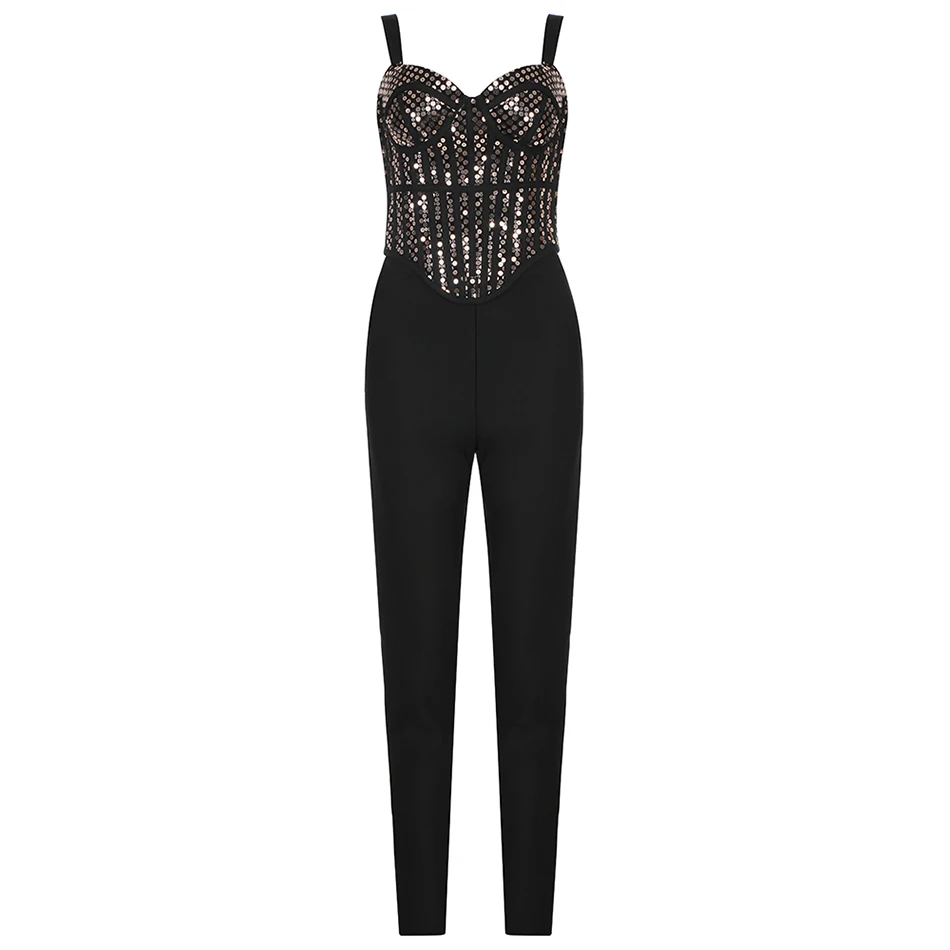 

2020 Autumn New Sequined Bodycon Bandage Set Sexy Spaghetti Strap Short Top + High Waist Split Trousers Party 2 Two-Piece Suit