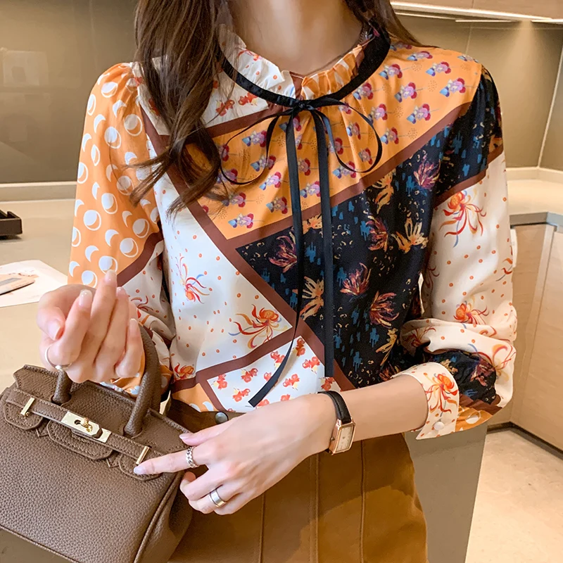 

Houthion Silk Women's Blouses Long Sleeved Top Fashion Casual Silk Shirt New Korean Style Printed Blouse Print Full Regular