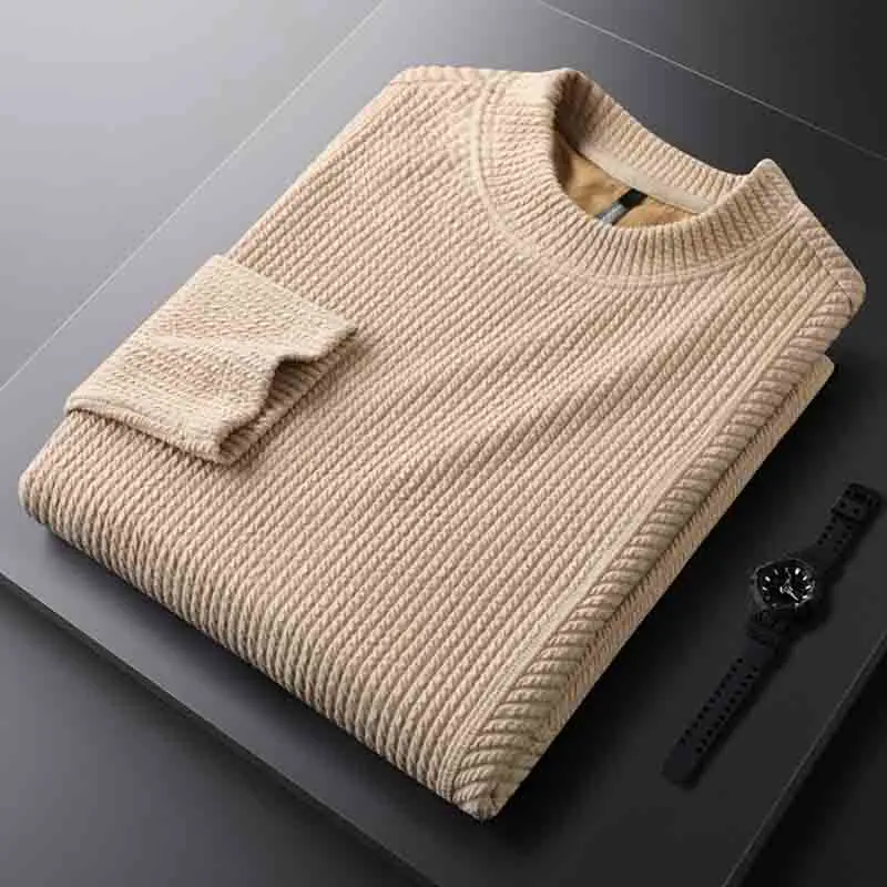 Warm solid color lining plus velvet thick sweater men's knit sweater bottoming round neck striped autumn and winter clothes