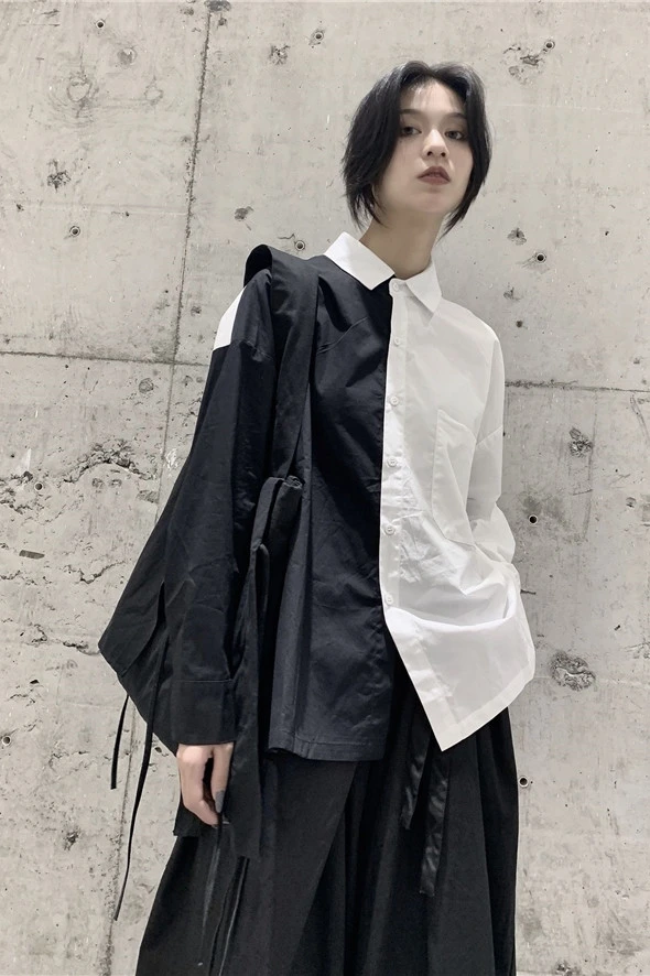 

SuperAen Black and White Black Patchwork Shirt Japanese Couple Loose Full Blouse Women
