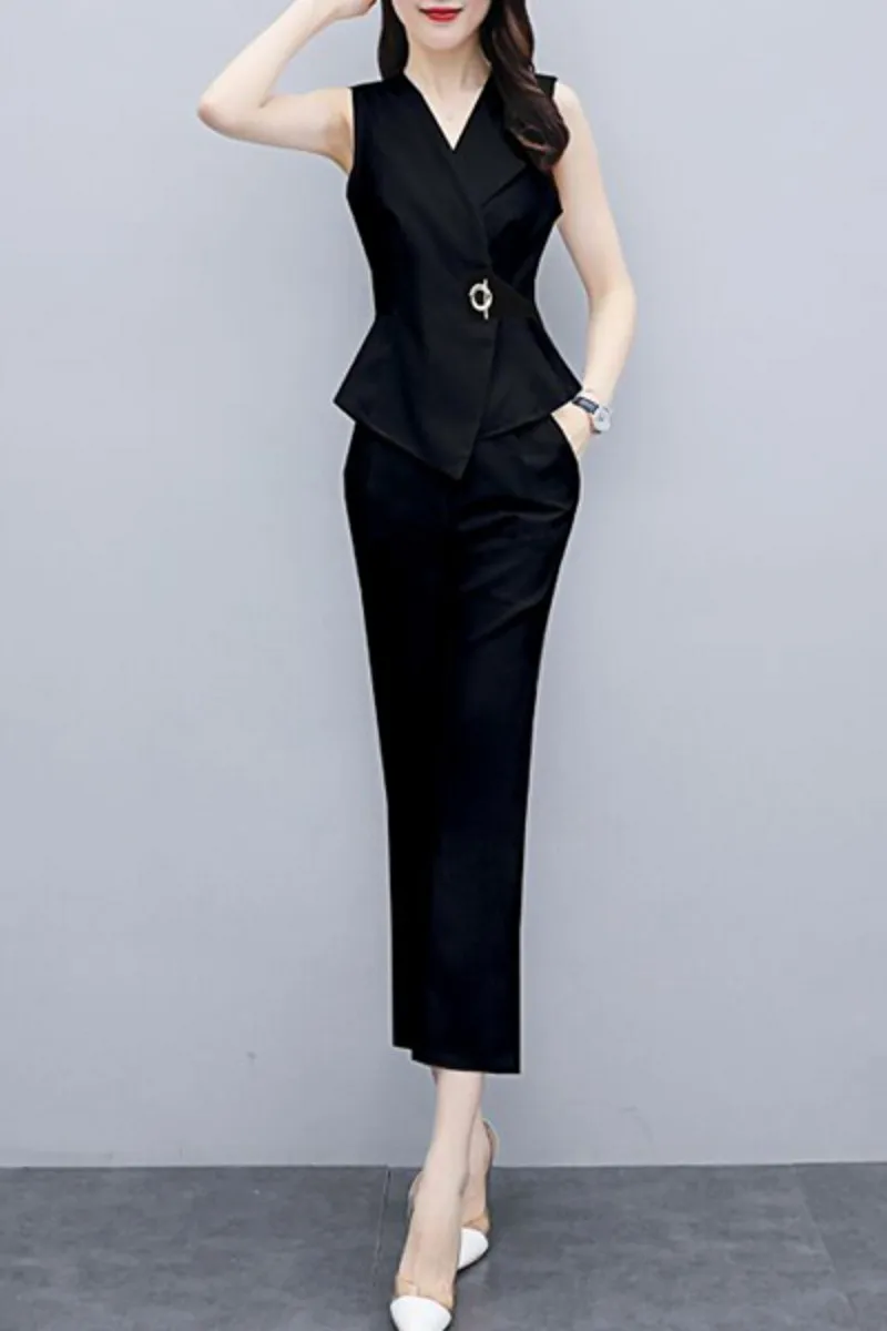 

2021 spring summer new fashion commuter sleeveless suit collar waist coat nine-point pants Casual elegant two-piece set