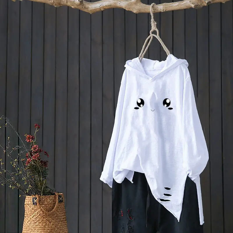 

2020 original cotton hooded T-shirt women's autumn new loose long sleeve art hole casual jacket