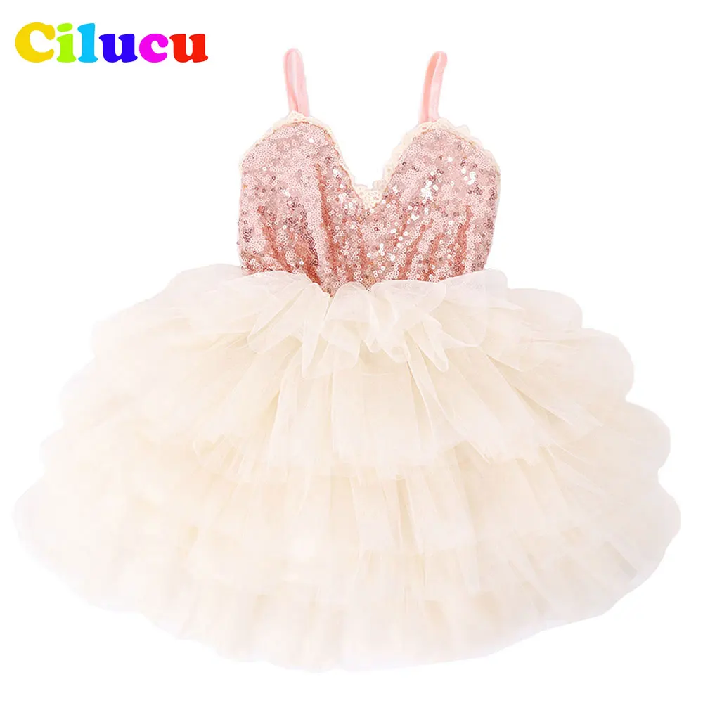 Toddler Girl Sequin Dress Kids Tutu Sling Summer White Flower 4t Pageant Wedding Bridesmaid for Girls Rose Gold | Детская одежда и