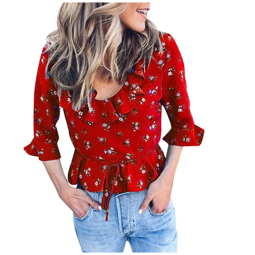 Blusas mujer de fashion 2019 женская блузка с круглым вырезом и рукавом 3/4 оборками редкие