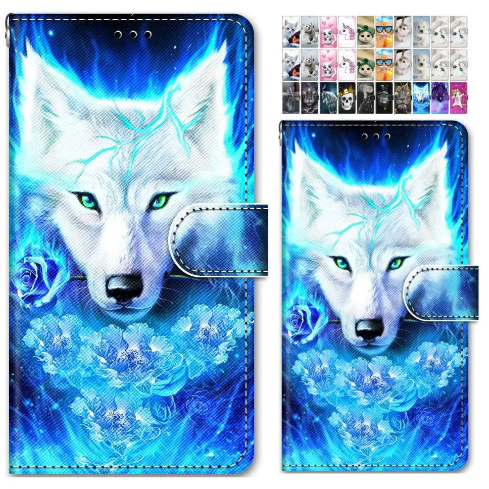 Милые чехлы книжки для телефонов с рисунком Samsung Galaxy A10 A10S A20S A20E A20 A30 A50 A70 A80 Roae Wolf Lion