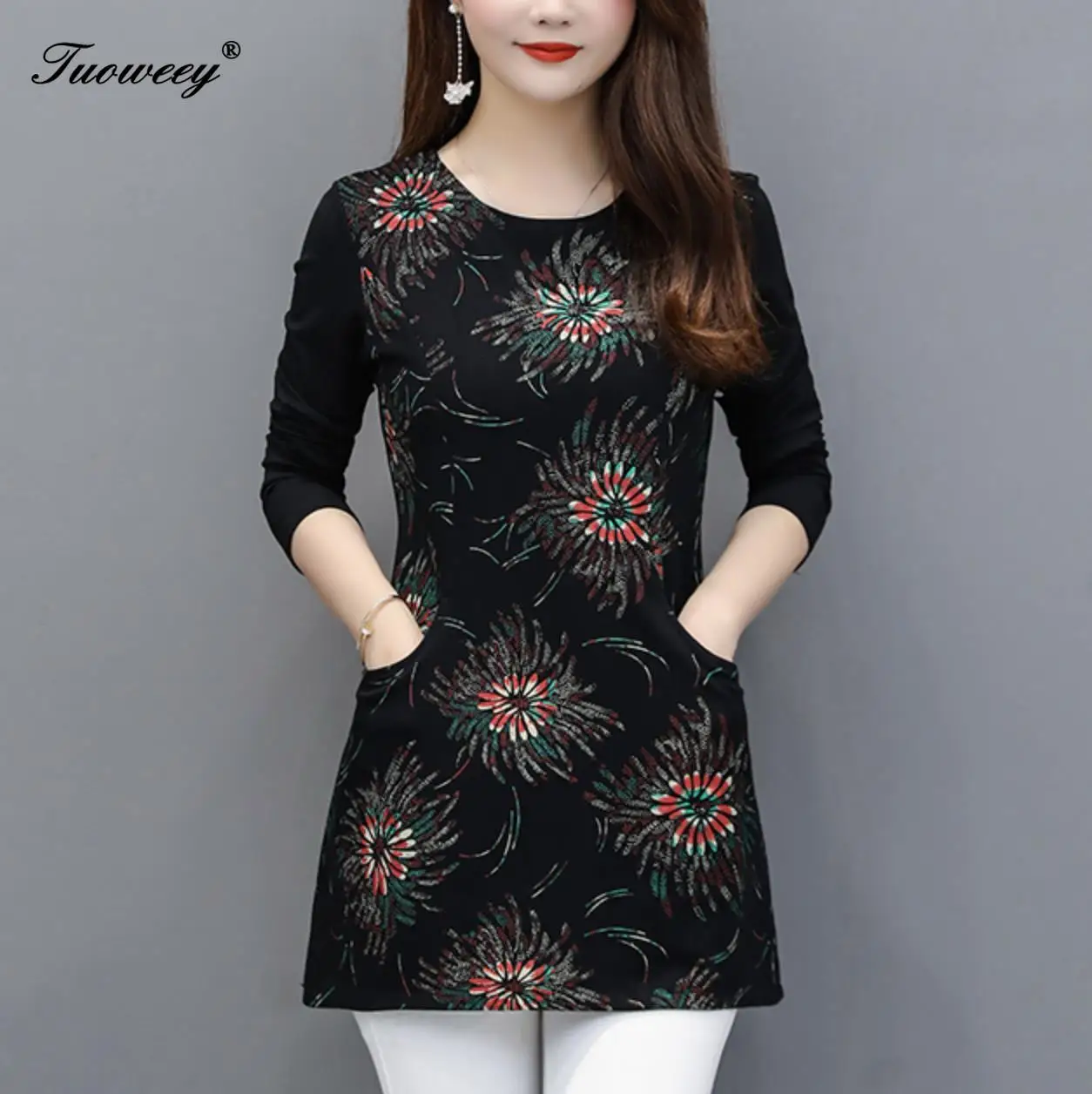 

Женская винтажная блузка с размера плюс карманами, модная Осенняя рубашка с длинным рукавом и круглым вырезом, элегантные топы 5XL, 2021