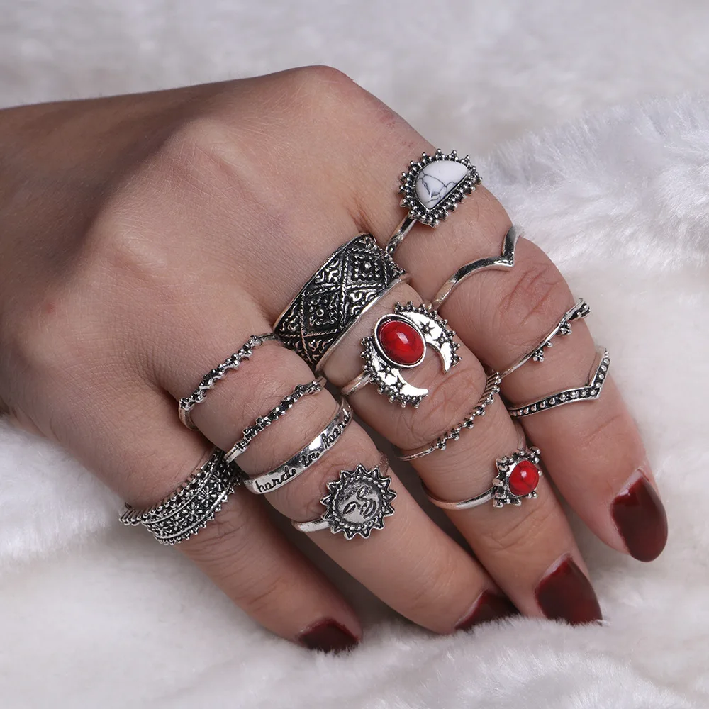 14 шт./компл. Ретро Античное серебряное очаровательное кольцо с красной