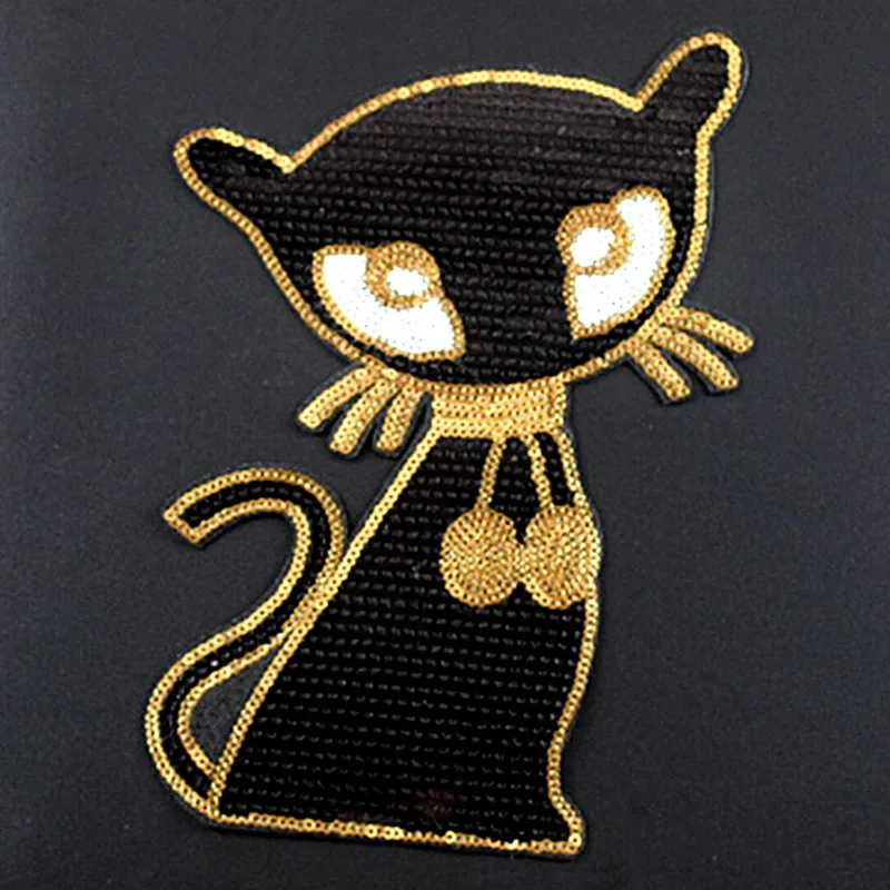 

22CM Cat Iron On Patches For Clothing Black Sequins Biker Badge Embroidery Fabric Sequined Patch Clothes Stickers Strange things