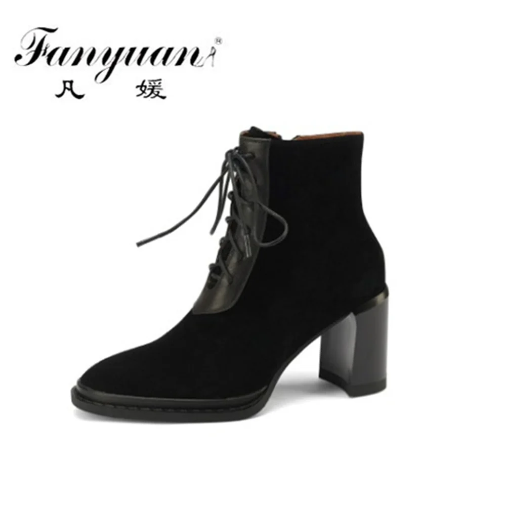 

Fanyuan Pointed Toe High Heels Women Ankle Boots Autumn Winter Office Lady Suede Leather Cross-Tied Shoes Woman 2021 Fashion