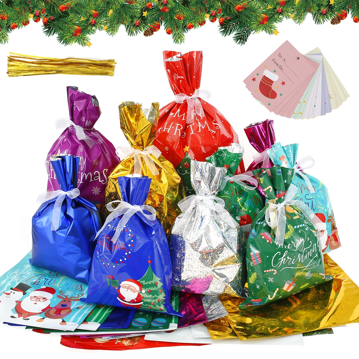 Bolsas de regalo con cord&oacute;n para Navidad, 30 unidades, 10 dise&ntilde;os diferentes, para envolver regalos surtidos, con etiquetas de nombre-1