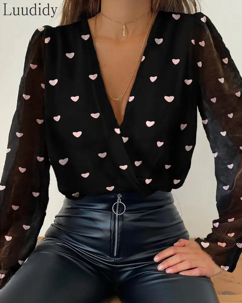 

Women Print Long Sleeve Deep V Neck Chiffon Shirt Elegant Casual Blouse