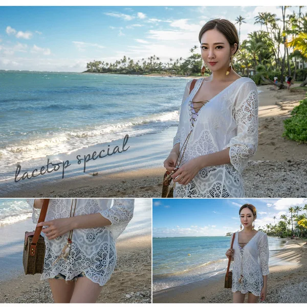 

Japanese Korean New Style Special Offer Sweet Beach Holiday Pullover Sexy Hollow out Sunscreen Outdoor Women's Bandage Cloth