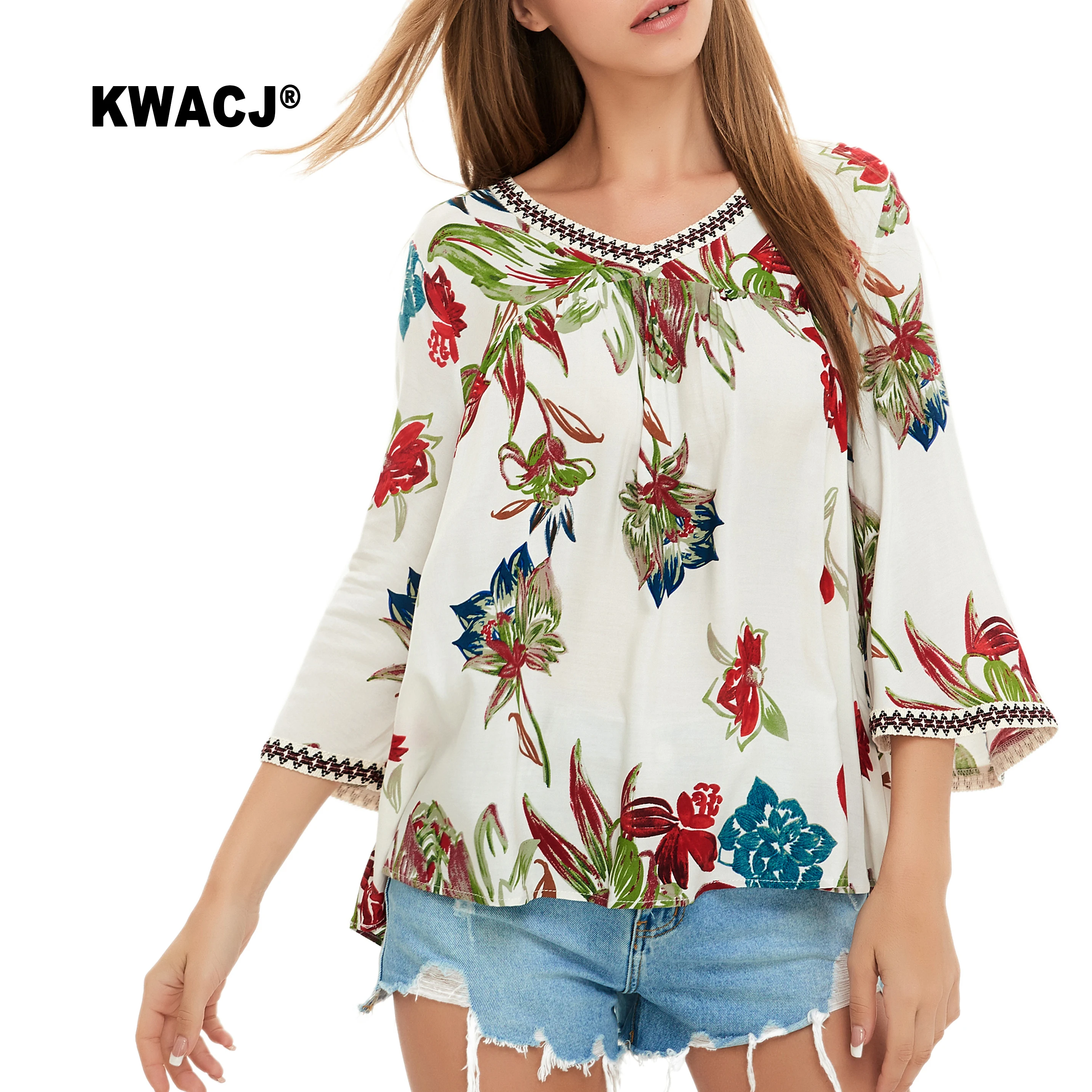 KWACJ Boho блузка с растительным принтом осенняя расклешенная блуза длинным рукавом