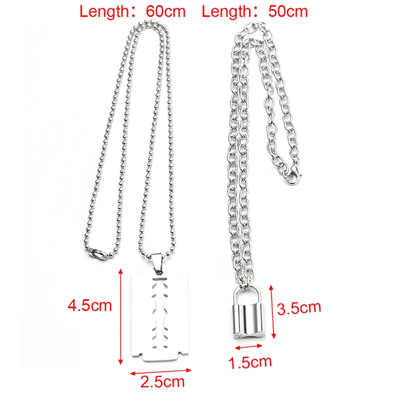 

1PC Punk Double alloy Layer Lock Link Chain Necklace Padlock Blade Pendant Necklace Women