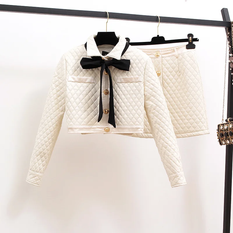 

2021 New Autumn Winter Parkas Two Piece Set Women Crop Top Elegant Fashion Bow Short Parkas Jacket Coat + High Waist Skirt Set