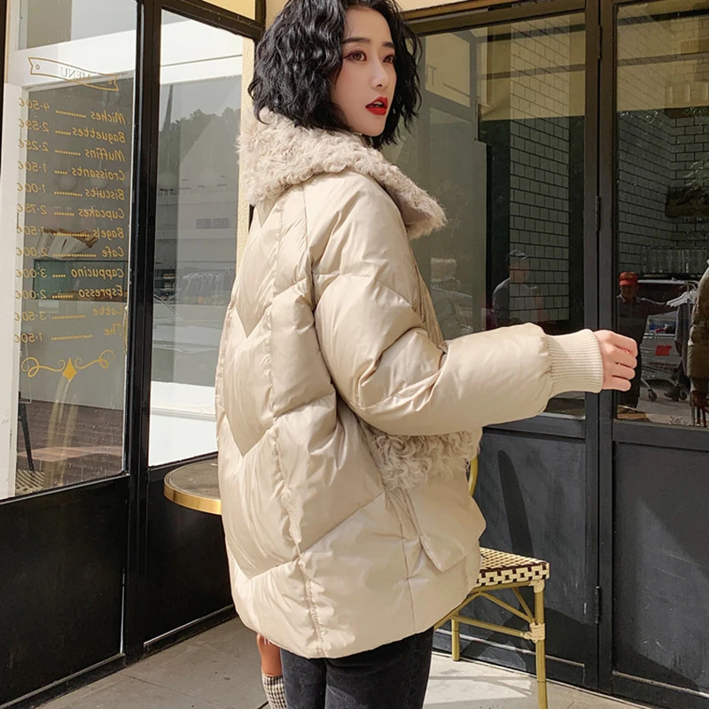 

Coat New Thick Warm Loose Casual Oversized Women jacket Winter 2020 female Jacket Bright lamb fur collar stitching Parkas