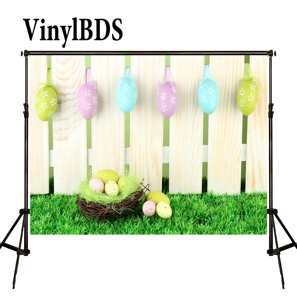 

VinylBDS Easter Eggs Children Photography Backdrops White Wooden Fence Newborn Backdrop Grassland Backdrop for Photo Studio