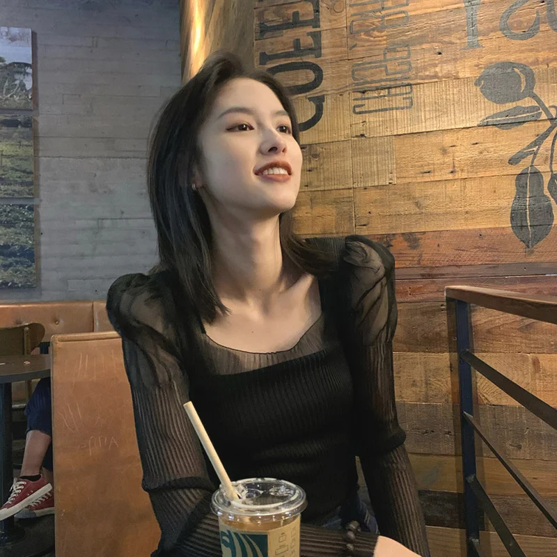 

2021 Spring New Black Knitted Sling with Mesh Long Sleeve Top Hot Two-piece Suit