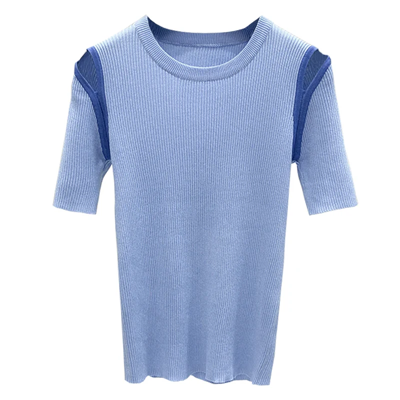 

Cotton Tops Women Summer Casual Patchwork O Neck Short Sleeve Female Pullover Knitwear Solid Elegant Chic Girls Sweater Tee