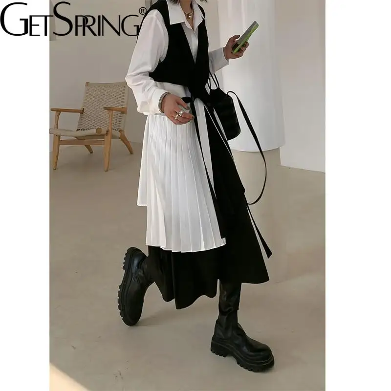 Getspring Women Dress Black White Color Matching Fake Two Shirt Dresses Asymmetry Long Sleeve White Cotton Dresses 2021 Fashion