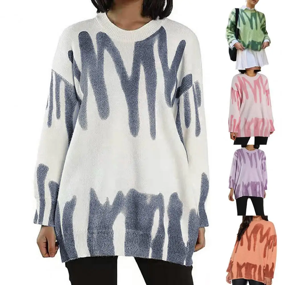 

Women Sweater Print Long Sleeve Knitted Sweater Warm O-Neck Loose Fit Lady Knitwear Pullovers Outerwear