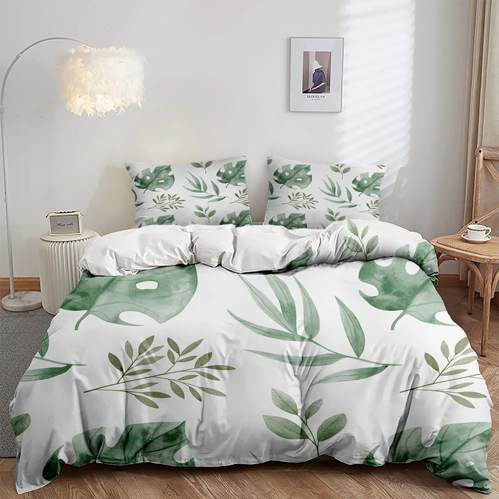 

Luxury Summer green leaves Pattern Bedding Set Comfortable Printed Duvet Cover Pillowcase King Queen Size 2/3pcs