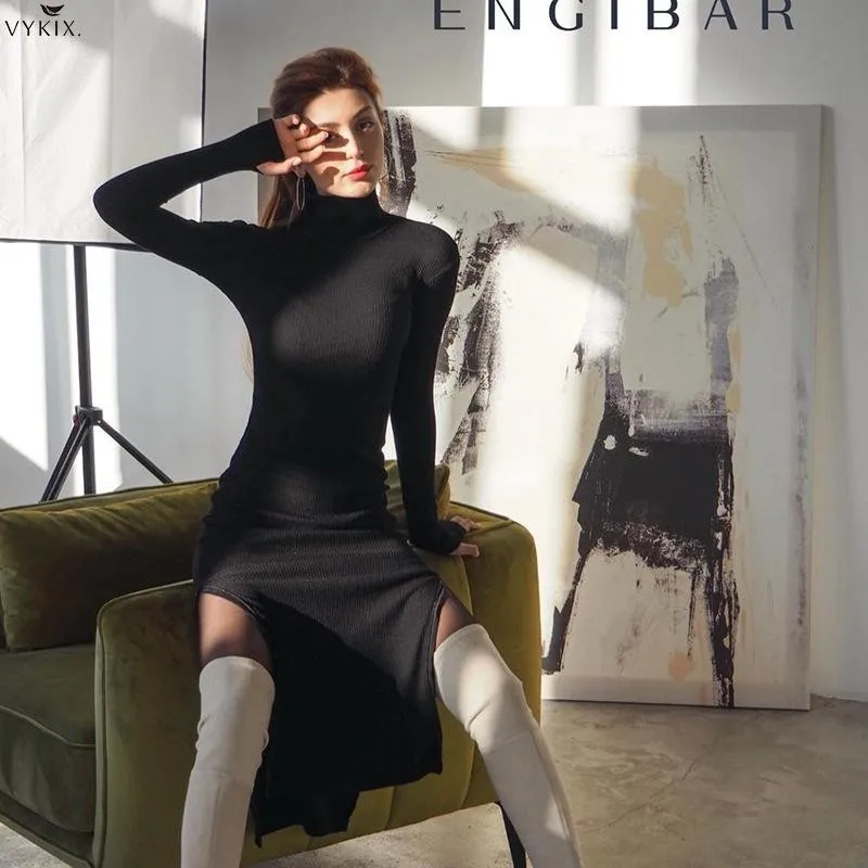 

New Long Sleeve Midi Dress Turtleneck High Split Sheath Elastic Bodycon Dress Womens Empire Solid Sexy Dresses Female Streetwear