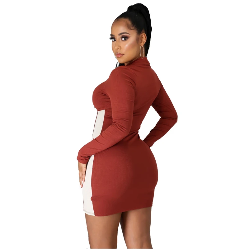 

Adogirl Women Color Patchwork Ribbed Mini Dress 2020 Autumn Winter O Neck Long Sleeve Bodycon Casual Dresses Female Vestidos