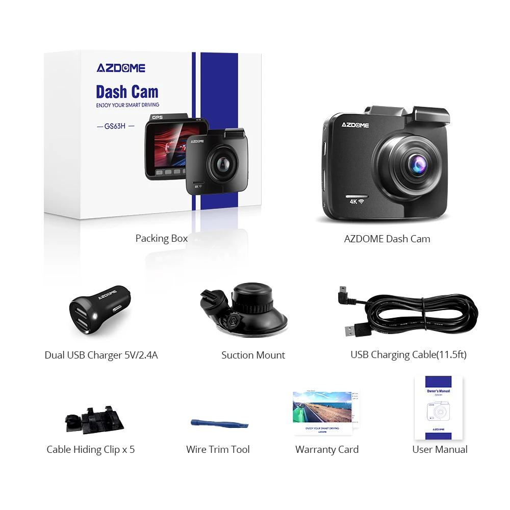 

AZDOME Dash Cam 4K 2160P FHD DVR Car Driving Recorder WiFi Built in GPS Dashboard 2.4" LCD, WDR, Night Vision, Parking Monitor