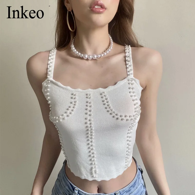 

Women‘s pearl Knitted Camisole Summer 2021 Sexy Slim Spaghetti Strap Tops White Black Crop tops Sweater Club Fashion INKEO 1T037