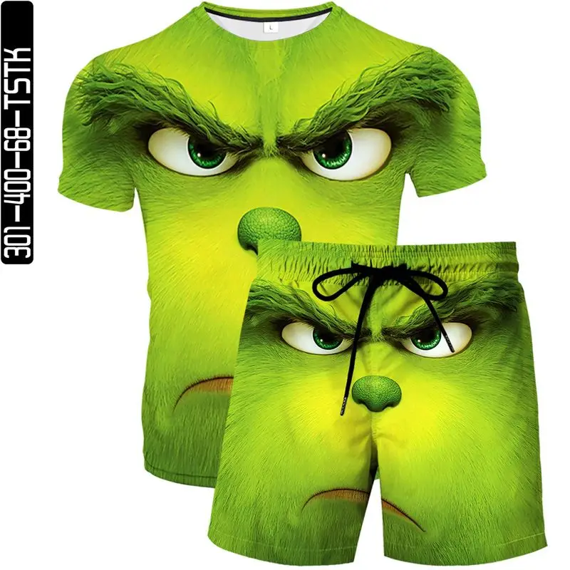 

2021 new summer new green fur monster Grinch men and women casual suit T-shirt digital printing to map customization