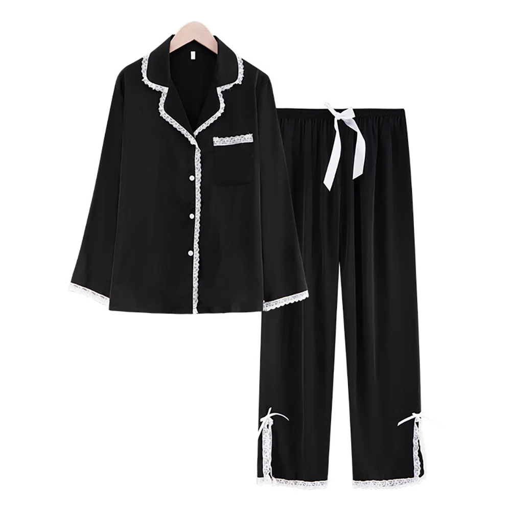 

ChunShang New Style Ice Silk Pajamas Feminine Long-Sleeved Trousers Lace V-Neck Home Service Suit