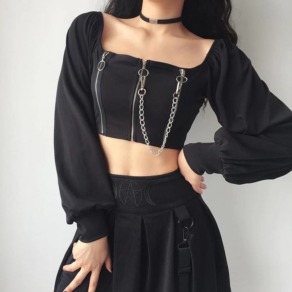 

Dark Academia Aesthetic Y2k Gothic Zipper Crop Top Women Sexy Off Shoulder Street T-shirts Clubwear Long Sleeve Tees Black